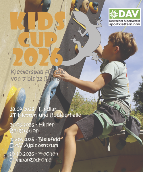 Poster vom Kidscup 2026 - Kind klettert an Kletterwand